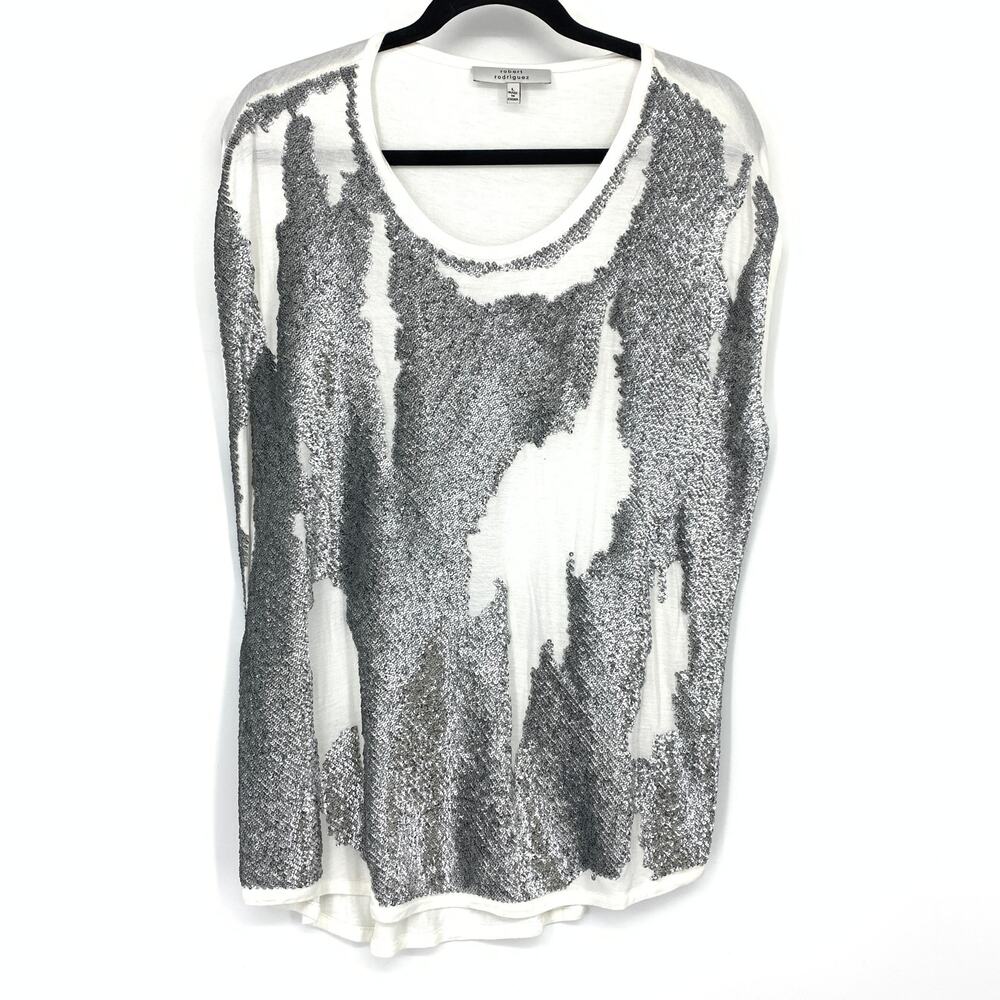 Robert Rodriguez Top Sz L Ivory Silver Sequin Long Sleeve Abstract Cap Sleeve